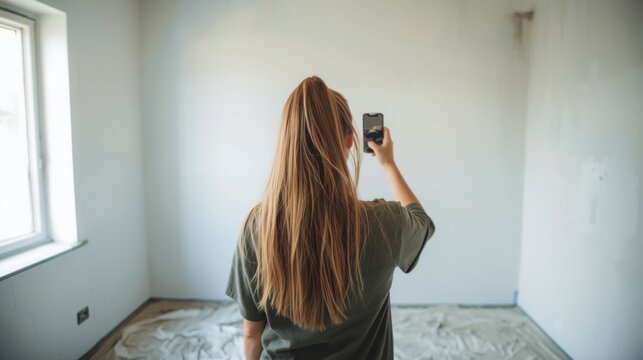 Vista trasera de una mujer tom&aacute;ndose una selfi con su tel&eacute;fono mientras pinta una pared interior durante la renovaci&oacute;n de su casa