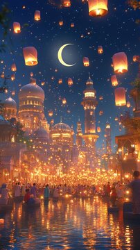 Moonlit mosque celebration with lanterns and water reflections