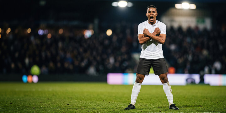 Confident footballer stands with crossed arms on illuminated arena field with proud determination. Sports leadership, inner strength concept.