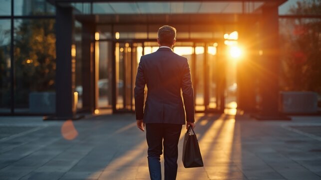 Empresario con traje a medida azul marino y bolso de hombro caminando hacia la entrada de un edificio de oficinas moderno
