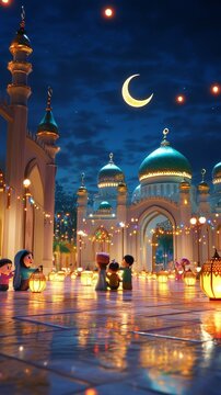 Muslim children celebrating eid at mosque under crescent moon