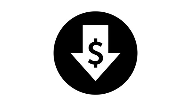 Financial Decrease Icon featuring a minimalist black circle with a white downward arrow and dollar symbol on a white background, ideal for economic reports and price drop announcements.