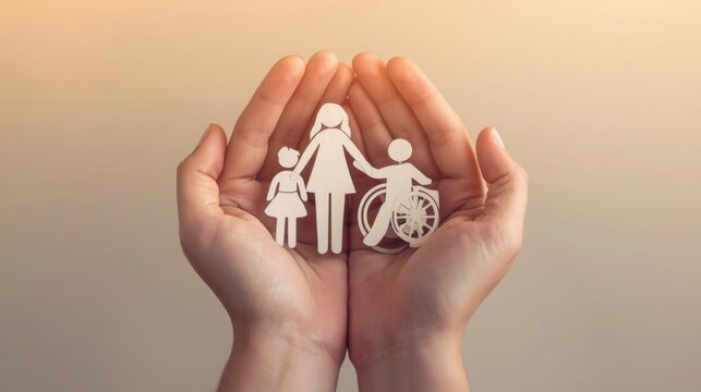 Manos que sostienen delicadamente una familia recortada en papel incluida una figura en silla de ruedas, simbolizando protecci&oacute;n y atenci&oacute;n sanitaria