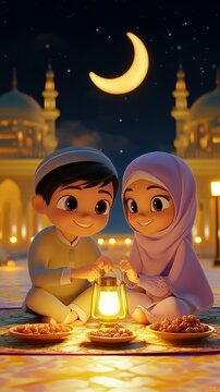 Muslim children enjoying iftar together under crescent moon