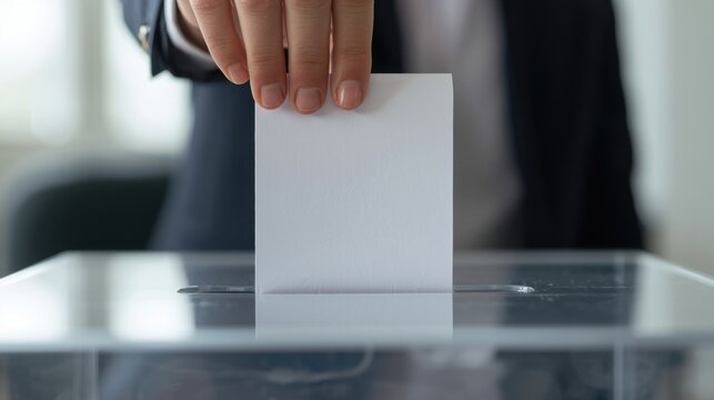 Primer plano de una mano depositando una papeleta de papel doblada en una urna transparente