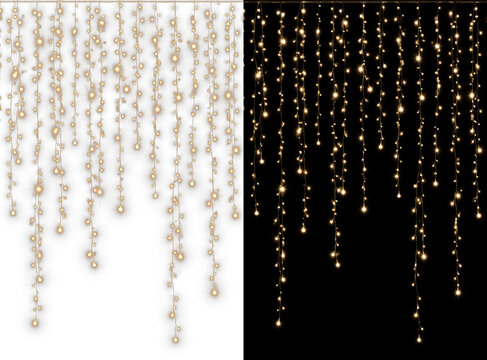 Glowing fairy light curtain with warm golden sparkles, hanging string lights on transparent background for festive Christmas, wedding, holiday decoration and celebration design overlay