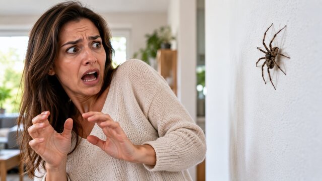  Terrified woman reacting in panic and fear facing a large spider on a white wall at home  