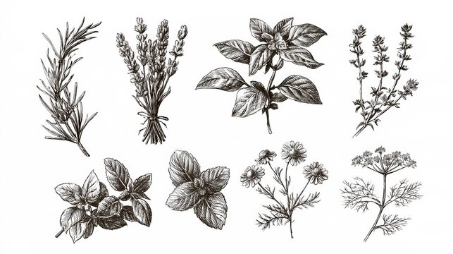 This collection displays hand drawn sketches of herbs including rosemary, lavender, basil, thyme, mint, chamomile, and dill on a white background.
