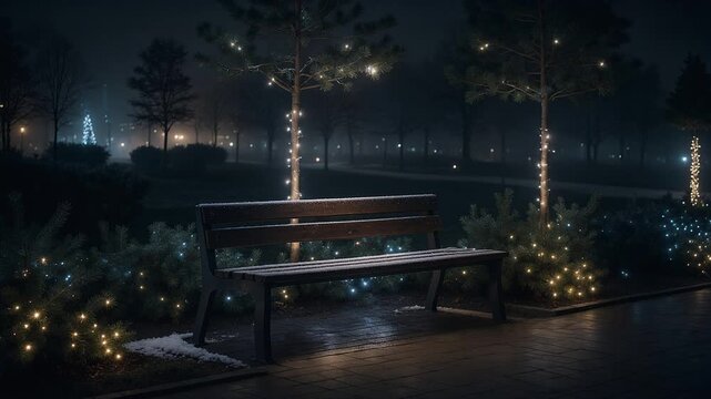 冬の夜の静かな公園の木製ベンチと周囲の木々や植え込みに巻かれた白と青のクリスマスイルミネーションの光