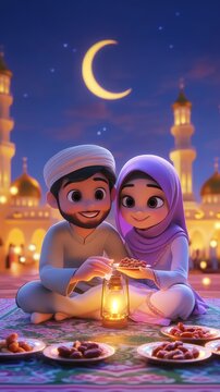 Muslim couple enjoying ramadan together under crescent moon