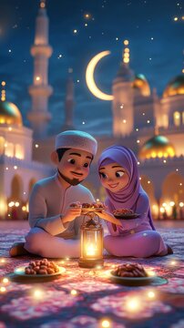 Muslim couple enjoying ramadan together under crescent moon
