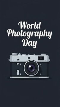 World Photography Day greeting with retro camera and flash light motion graphic, ai generated