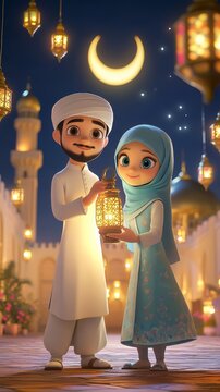 Muslim couple holding lanterns under crescent moon