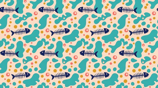 Pattern of seamless fish skeletons with organic shapes and dots