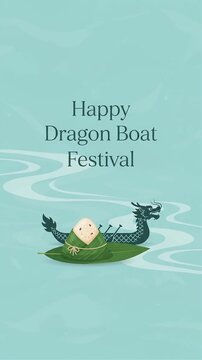 Happy Dragon Boat Festival greeting with zongzi rice dumpling and dragon boat motion graphic, ai generated