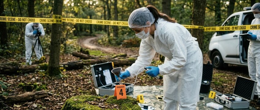 Forensic investigators in protective suits examine evidence at a crime scene in a forest with yellow tape cordoning off the area
