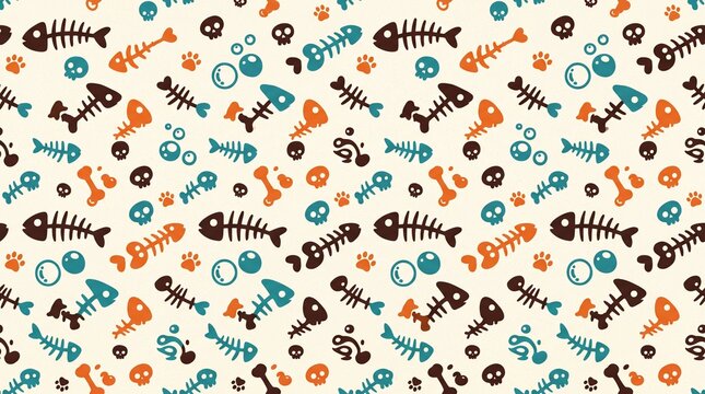 Seamless fishbone and skull doodle pattern on cream background