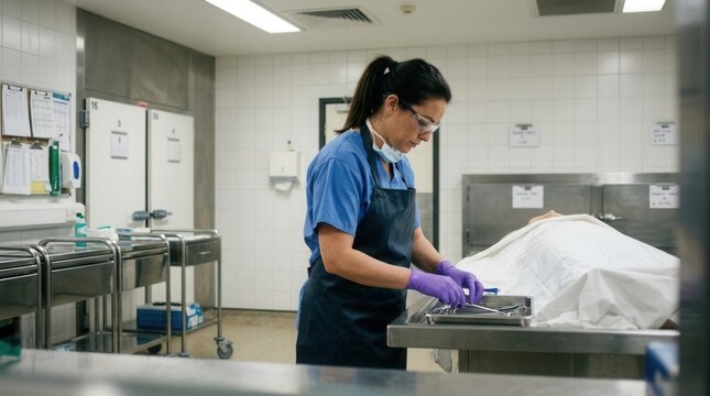 Forensic Pathologist Performing Autopsy in Modern Laboratory with Medical Instruments