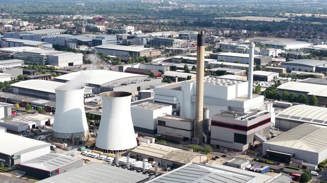 Aerial drone view of the Slough Trading Estate power station, showing industrial energy infrastructure, utilities and nearby data centres in one of the UK&rsquo;s largest business parks.