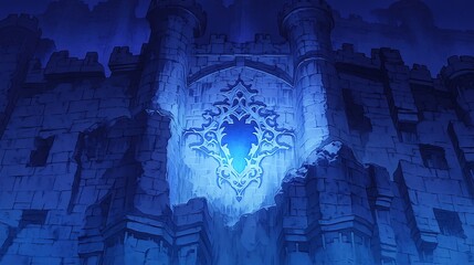 Obraz premium 青い光を放つ魔法の紋章が刻まれた頑丈な石造りの城壁