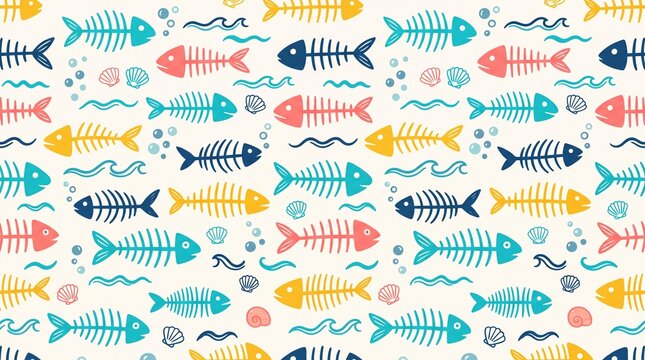 Colorful fish bone seamless pattern with waves and sea shells