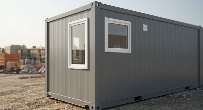 A temporary office container on a construction site at sunset, with other buildings in the background. Concept of construction site management and modular building.
