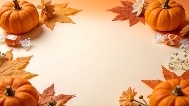 Cute autumn harvest halloween border frame, realistic orange pumpkins, sweet candies, maple leaves, apricot orange flowers, tiny white blossoms, copy space, pastel beige cream gradient background