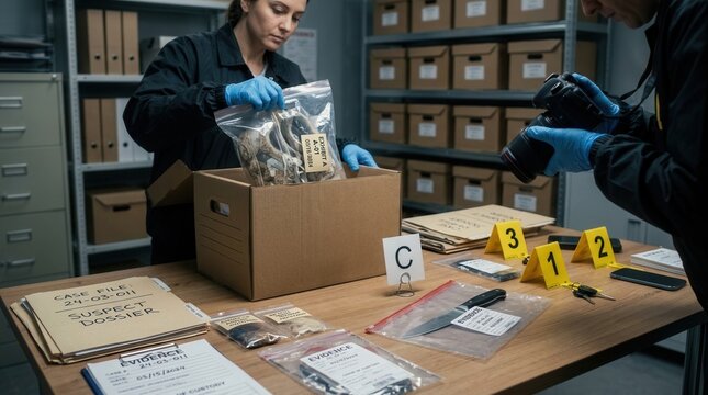Forensic investigators examining evidence in a crime scene storage room close up on collected items and evidence markers