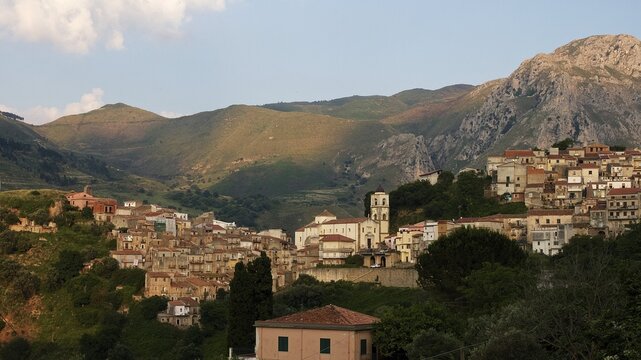 Evening light, village view, green hills, mountain, Militello Rosmarino, village, Nebrodi National Park, Sicily, Italy