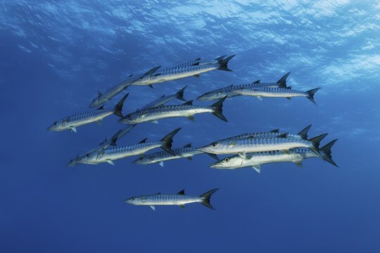 Flock of Blackfin barracudas (Sphyraena qenie) swimming in blue water, Red Sea, Egypt