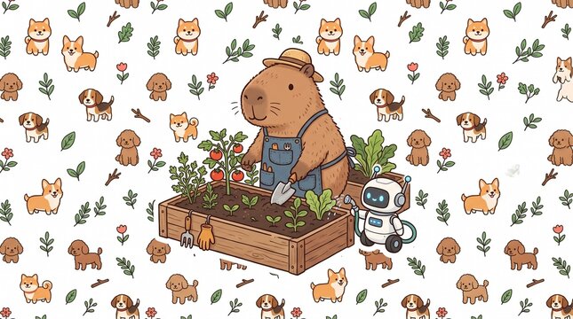 Capybara Cooking with Robot PNG &ndash; Cute AI Animal Sticker, Kawaii Minimalist Digital Clipart