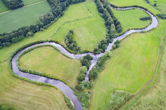 Aerial view of the Hunte river course, river, natural, Meander, Gro&szlig;enkneten, Lower Saxony, Germany