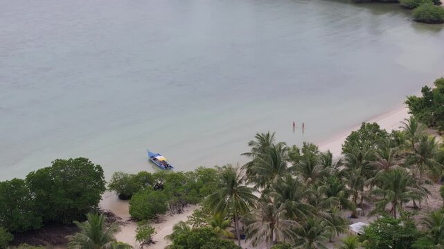 Aerial view of the tropical coastline of Batam Island with palm trees, a small boat anchored near the beach, and people wading in the clear water, Batam, Riau Islands, Indonesia.