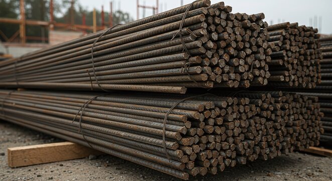 Large bundles of steel rebar stacked outdoors, a key material for concrete reinforcement.Concept of construction materials and structural engineering.