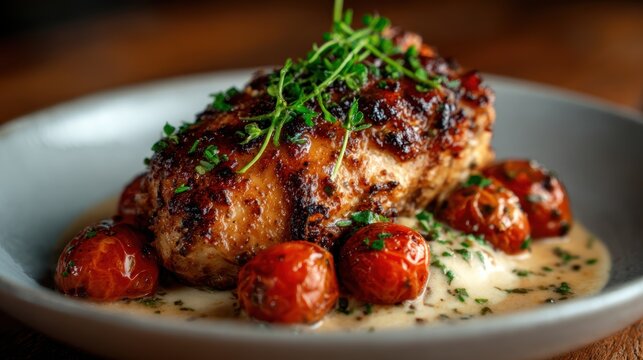A beautifully plated roast chicken dish garnished with fresh herbs and vibrant cherry tomatoes, evoking a sense of home-cooked comfort and culinary excellence.
