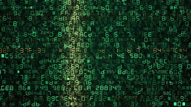 Matrix-style digital data stream with glowing green hexadecimal code symbols representing abstract technology background