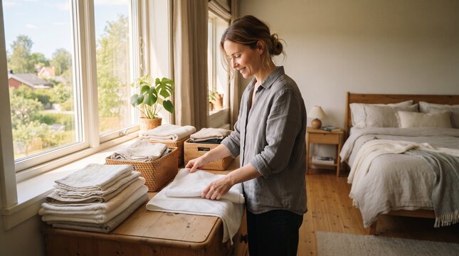 Woman folding laundry in a bright bedroom with a view of greenery