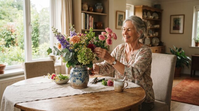Smiling senior woman arranging a vibrant bouquet of flowers at a wooden table indoors