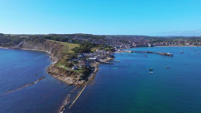 Aerial shot of Peveril Point, Durlston Bay and Swanage, Dorset, UK