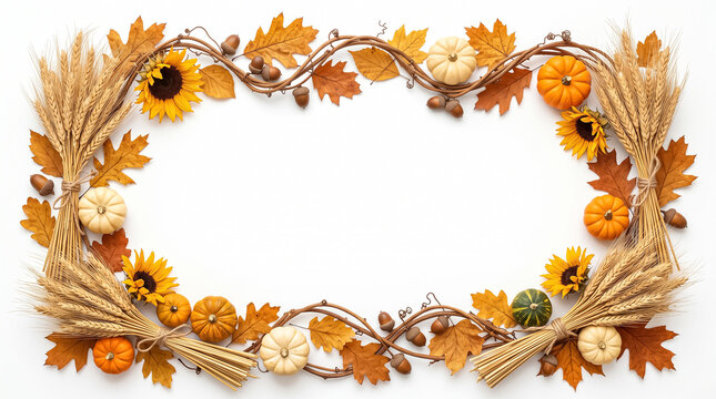 Autumn harvest frame with pumpkins sunflowers wheat stalks and fall leaves for thanksgiving and seasonal design borders
