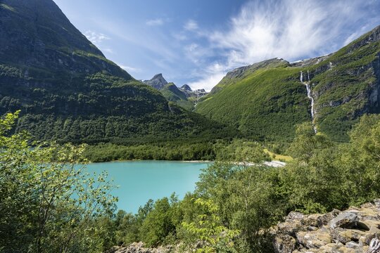 Lake Lovatnet, Turquoise Lake with Mountain Flanks and Waterfalls, Loen, Stryn, Mainland, Norway