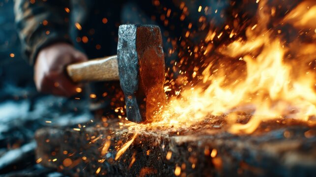 A powerful hammer strikes metal, creating a flurry of sparks, demonstrating the intensity and dynamism of metalwork and craftsmanship in a workshop environment.
