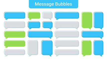 Fototapeta premium Colorful Chat Bubbles Set collection of blue, green, and grey speech balloons in various sizes on a white background ideal for social media mockups and perfect for user interface design.