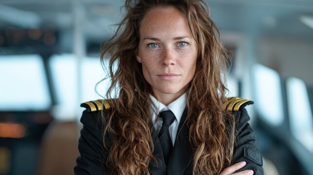 A determined female pilot exudes confidence as she stands in the cockpit, symbolizing empowerment, achievement, and breaking gender barriers in aviation.