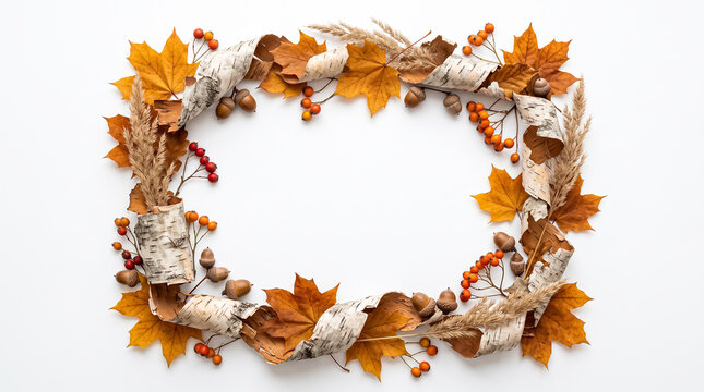 Decorative autumn frame made of colorful maple leaves birch bark and red berries for seasonal holiday greeting cards and festive invitation designs