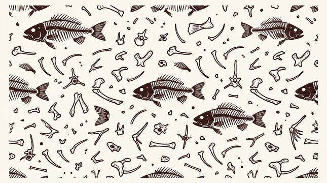 Seamless pattern of fish skeletons and animal bones in vintage style