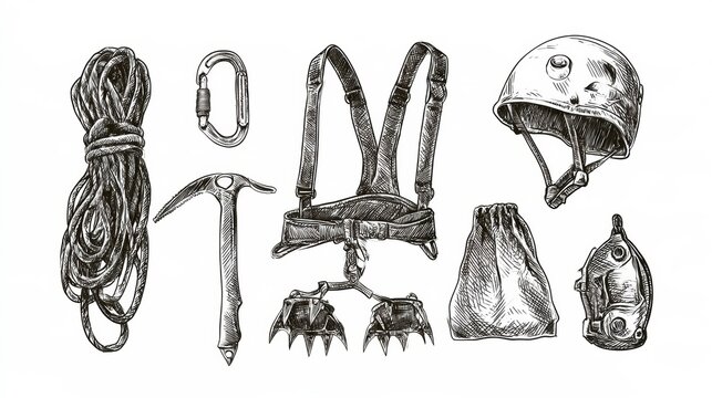 This sketch features mountain climbing equipment including a coiled climbing rope, carabiner, harness, ice axe, crampons, helmet, and chalk bag.