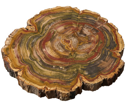 Cross-section of colorful petrified wood with intricate natural patterns