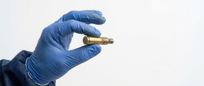 Forensic investigator holding spent bullet casing in blue gloves close up white background evidence collection