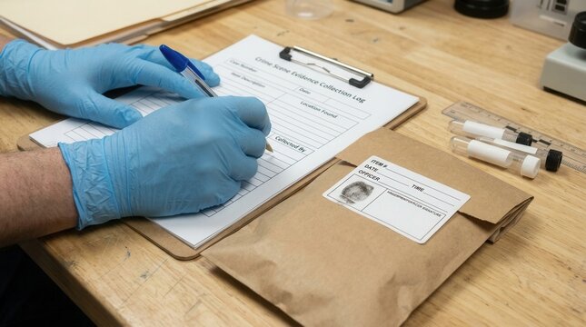 Forensic investigator in blue gloves filling out evidence collection form at desk with sealed evidence bag and vials